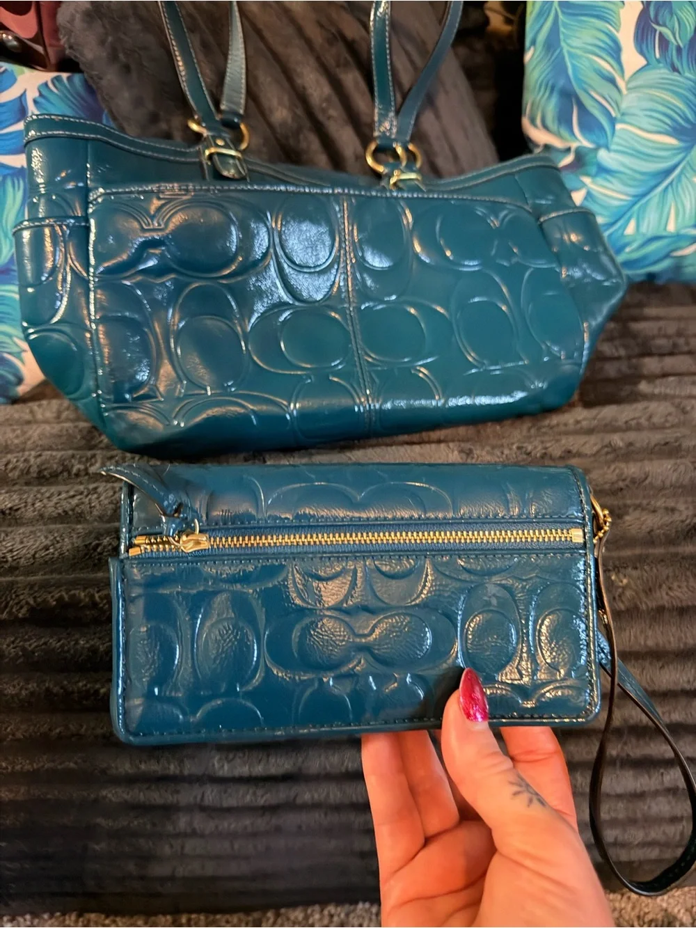 Coach Teal Patent Signature Tote with Matching Wristlet